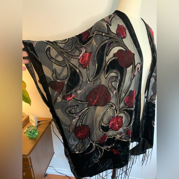 Silk velvet robe with fringe - Picture 3 of 7